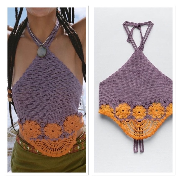 ZARA crochet knit halter neck crop top lace floral flowers plum orange 2142/157 - Picture 1 of 10